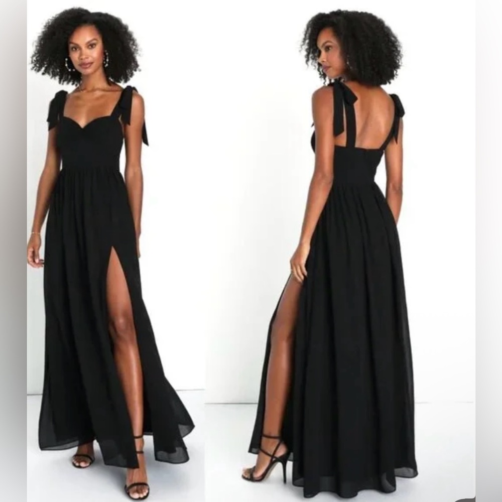 Lulus Radiant Charisma Chiffon Ruched Tie-Strap Maxi Dress in black
